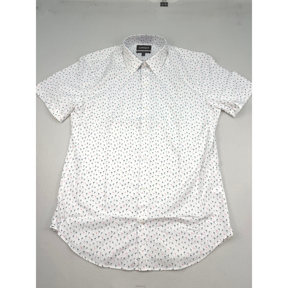 Bonobos Mens Tailored Fit Short‎ Sleeve Flamingo Print Tech Shirt White Large